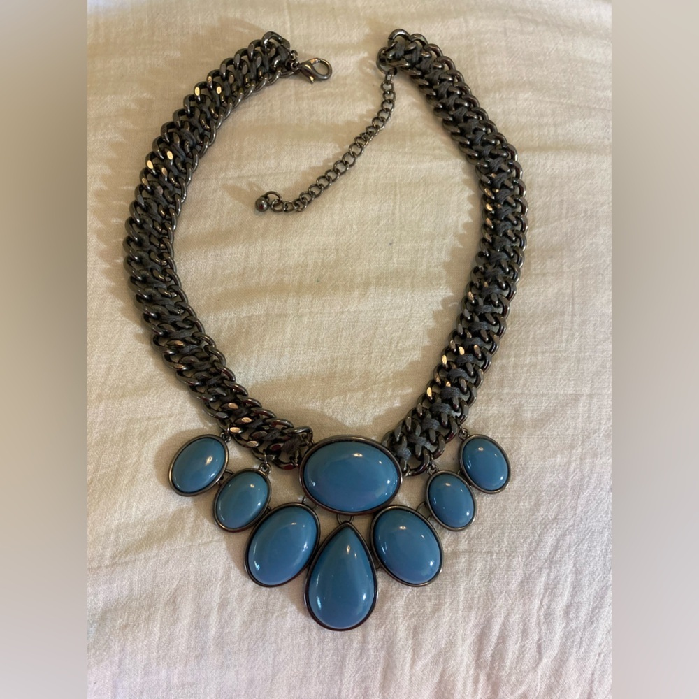 Gun Metal & Blue Jeweled Statement‎ Necklace